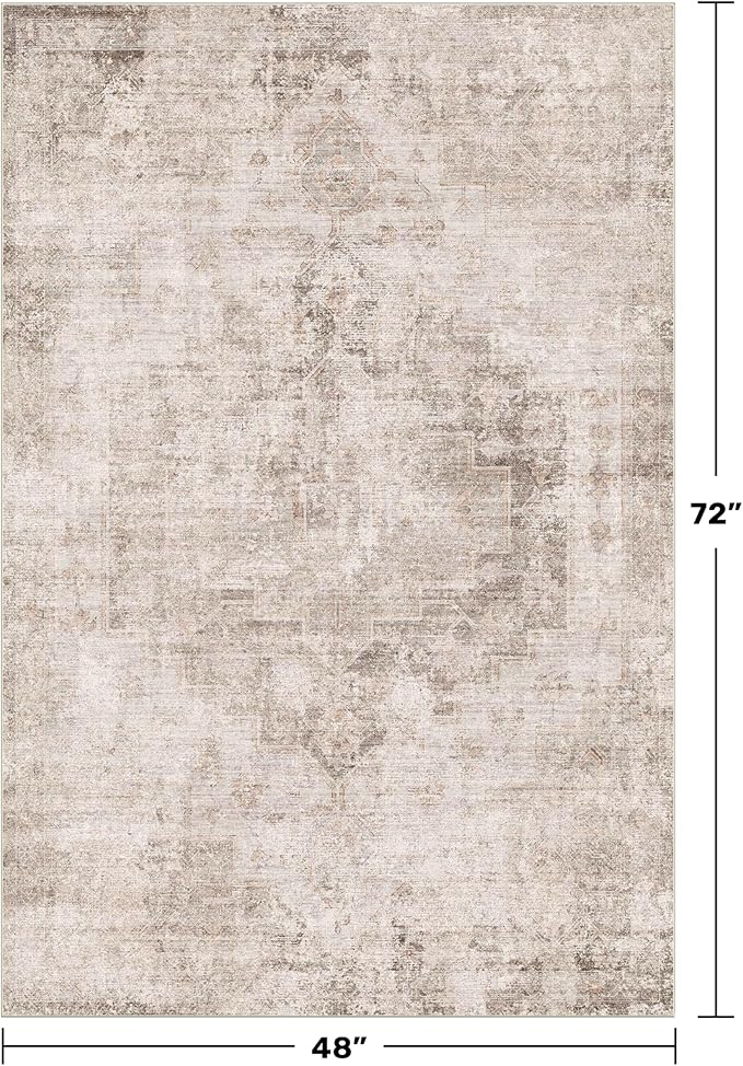 Washable 4x6 Area Rug for Entryway Indoor, Living Room, Kitchen, Bedroom Bedside - Stain-Resistant Non-Slip with Rubber Backing, Unique Floral Aesthetic Décor, Light Brown & Beige