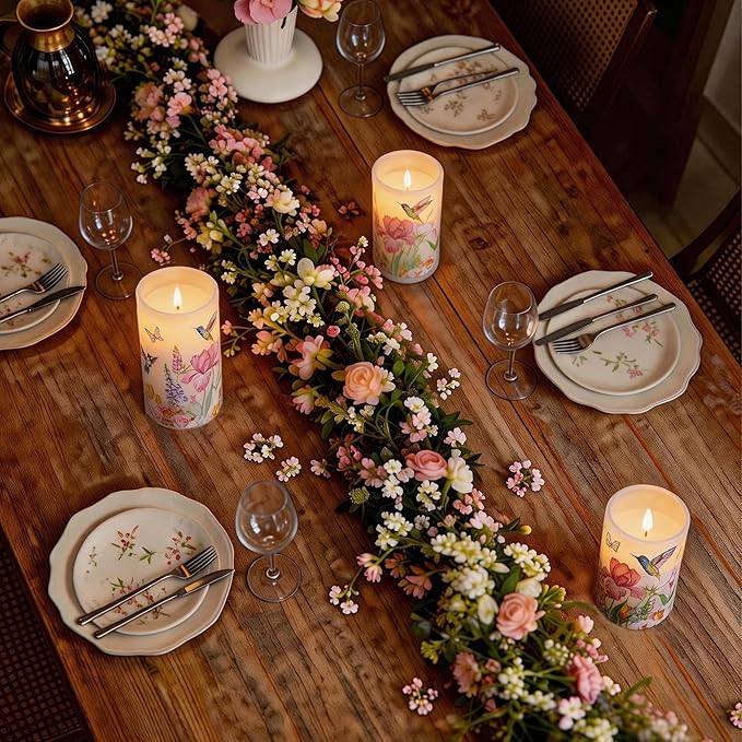 LUSHARBOR Flameless Candles with Remote, Battery Operated Candles Real Wax Hummingbird Flickering LED Candles Floral Christmas Decor Electric Pillar Candles Set of 3
