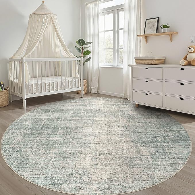 7ft Round Rug Living Room: 7x7 Washable Large Neutral Green Circle Area Rug Abstract Soft Modern Stain Resistant Indoor Floor Non-Slip Carpet for Bedroom Nursery Kids Office Playroom Dining Room