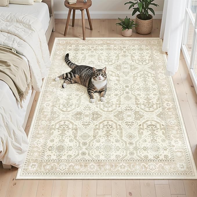Soalmost 3x5 Rug, Small Area Rug for Kitchen, Entryway, Machine Washable Non-Slip Throw Rug, Vintage Carpet for Nursery Coffee Table Beige/Brown