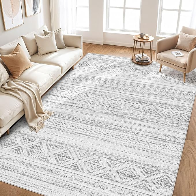 cotiled 5x7 Area Rug Living Room: Washable Boho Rugs with Non Slip Backing Large Soft Indoor Stain Resistant Carpet for Bedroom Farmhouse Dining Room Lightweight Home Decor Light Grey