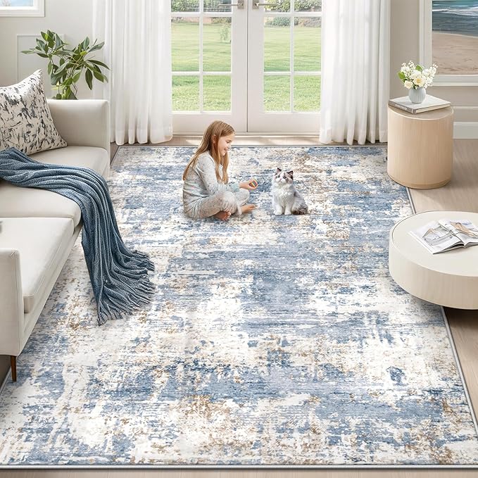 XLUEZ 5x7 Area Rugs for Living Room, Washable Modern Abstract Large Area Rug Neutral Soft Non Slip Kids Rug Stain Resistant Indoor Carpet for Bedroom Nursery Dining Room Playroom(Blue, 5'x7')