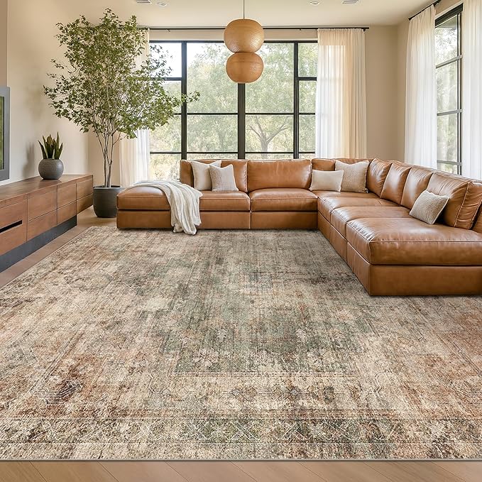 Hazo Haus Farmhouse Floor Rugs for Living Room - Brown and Green Dining Room Area Rugs 8x10 for Bedroom, Washable, Soft, Lightweight & Stain Resistance, Neutral Dark Vintage Medallion Decor