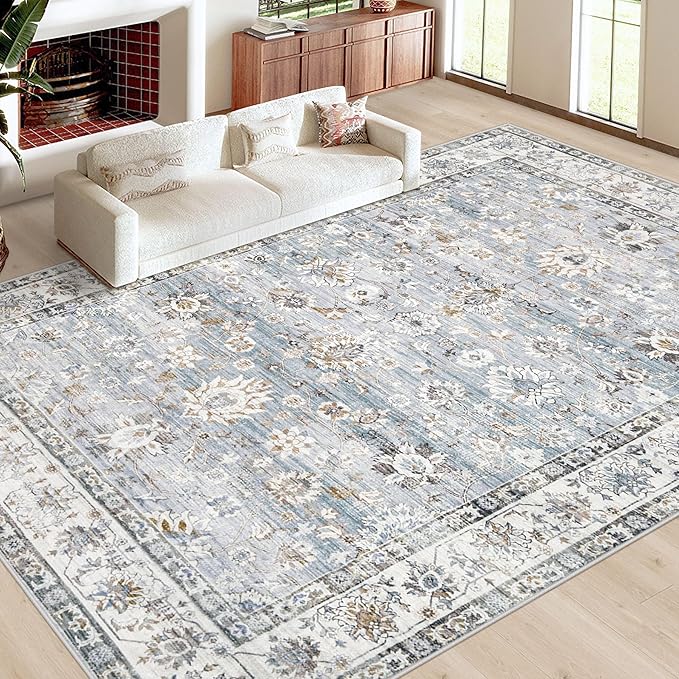 XLUEZ Area Rug 10x14 Living Room Rugs, Machine Washable Vintage Distressed Boho Area Rug Non-Slip Soft Low Pile Large Indoor Rugs for Bedroom Kitchen Dining Room Office(Light Blue,10'x14')