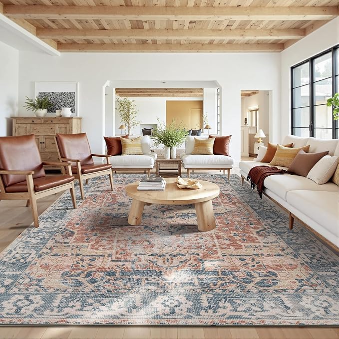 Rugxara 10x14 Area Rugs for Living Room Bedroom, Large Washable Rug, Coral Vintage Retro Boho Rug, Non Slip & Low Pile Faux Wool Thin Carpet for Indoor Dining Room, Kids Room(Coral Blue 10x14ft)