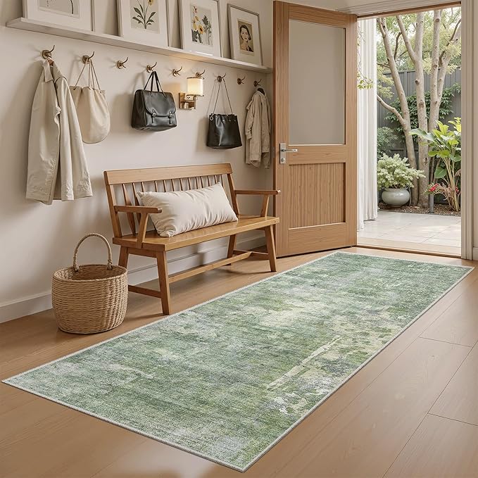 Soalmost Runner Rug 2x6 Washable Non-Slip Kitchen Runner Rugs for Bathroom Laundry Room Green/Ivory Vintage Floor Carpet Runners for Hallway Entryway