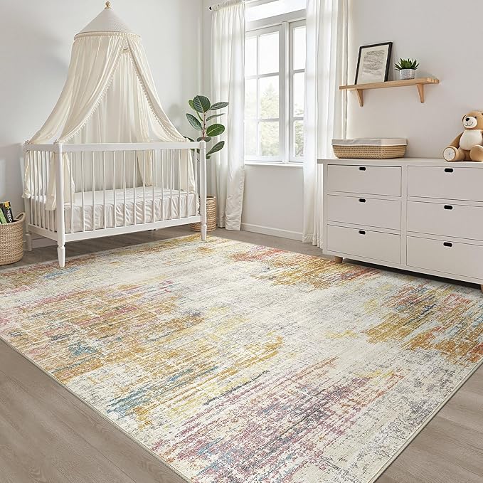 5x7 Area Rugs Living Room: Washable Large Neutral Rug Abstract Soft Modern Stain Resistant Indoor Floor Non-Slip Carpet for Bedroom Nursery Kids Classroom Playroom Dining Room Office- Gold Colorful