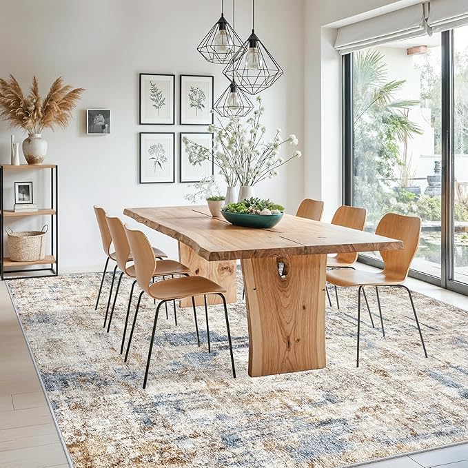 Washable 8x10 Area Rug – Modern Neutral Abstract Soft Non-Slip Stain-Resistant Low Pile Thin Carpet for Living Room Bedroom Dining Room Under Table Home Office(Blue Brown)