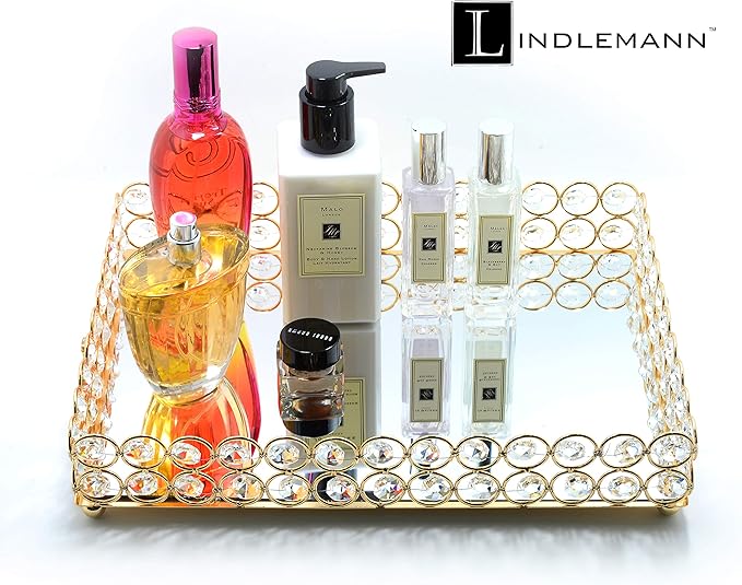 Decorative Tray Metal Mirrored Vanity Trays Crystal Ornate Perfume Jewelry Makeup Dish Dresser Countertop Organizer for Home Decoration & Holiday Party (Rectangle, 12x9in, Gold)