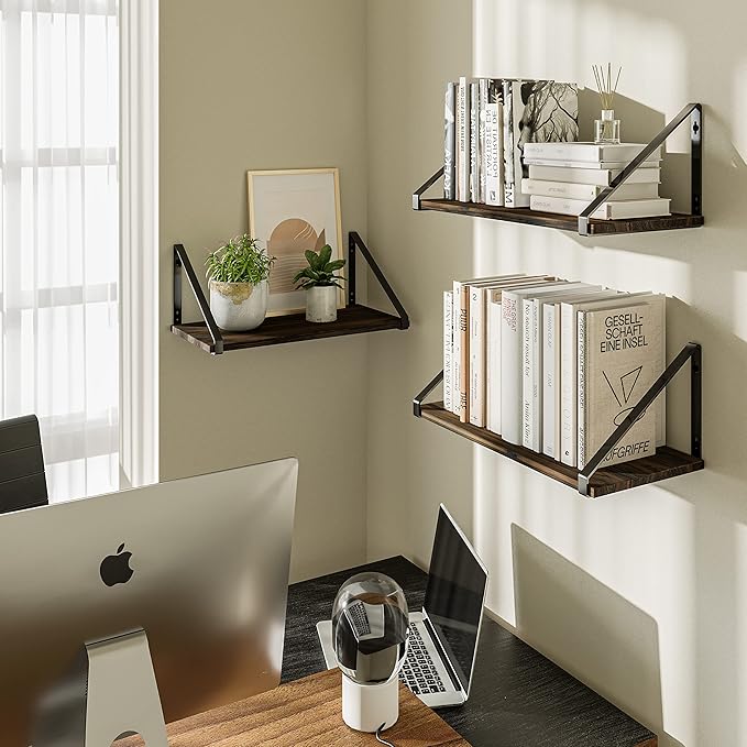 BAMEOS Floating Shelves Rustic Wood Wall Shelf, Small Bookshelf for Living Room, Office, Bedroom, with Metal Bracket