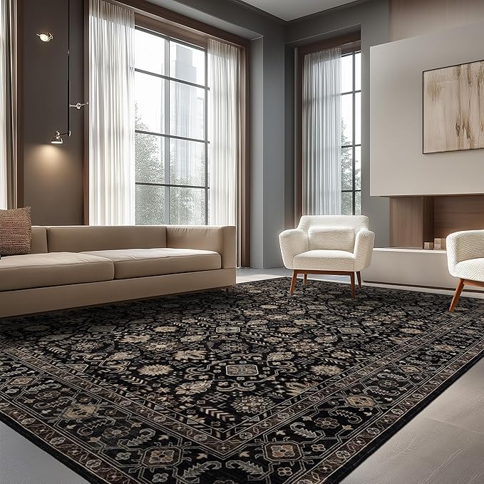Ruaruarug Area Rug Non Slip Machine Washable Ultra Soft Living Room/Bedroom/Kitchen/Outdoor/Classroom Black Gold, 8'×10'