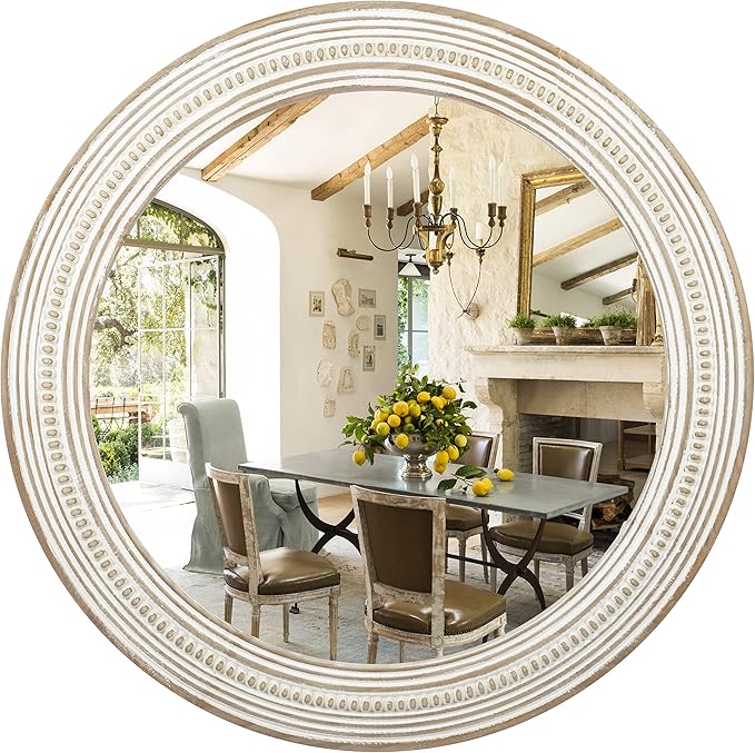 Reflinto 24 Inch Boho Wooden Round Mirrors for Wall Decor, Rustic Farmhouse Decorative Circle Mirror for Bathroom Over Sink, Living Room, Entryway, Bedroom