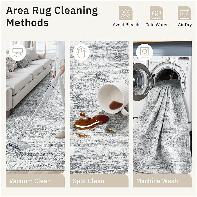 Soalmost 7x9 Area Rug for Living Room Washable Abstract Vintage Soft Thin Indoor Floor Non-Slip Carpet for Bedroom Dining Room Grey