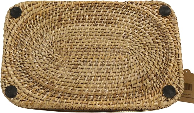 Home&Manor 15" Large Rectangular Brass Bordered Rattan Tray
