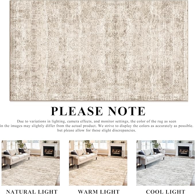 TOPRUUG Washable 12x18 Area Rug - Extra Large Rugs for Living Room Soft Low Pile Carpet for Bedroom Non-Slip Stain Resistant Vintage Indoor Floor Carpets (Beige Brown, 12x18)