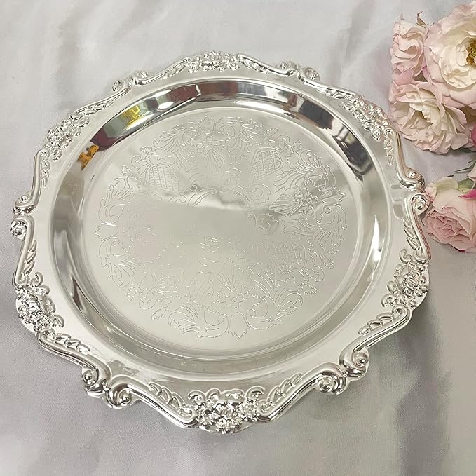 Round Tray Decorative Perfume and Makeup Organizer, Vintage Sliver Trays 7.87”, Stainless Steel Metal Tray for Dresser, Bathroom or Jewelry Display Home Decor