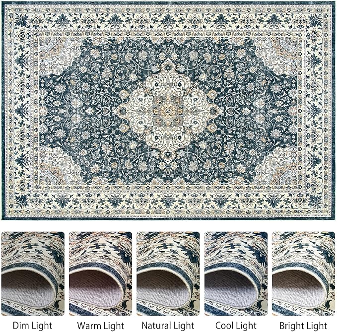Goideal Washable Rug 5x7, Vintage Area Rugs Non Slip, Indoor Low Pile Carpet with Rubber Backing for Living Room Kitchen Bathroom Entryway Office Bedroom, Black & White