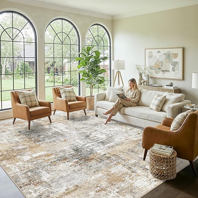 12x12ft Square Living Room Rug – Non-Slip Washable Extra Large Floor Carpet for Bedroom, Dining Room, Playroom Room – Modern Abstract Neutral Thin Low-Pile Big Indoor Rug (Gold Grey)