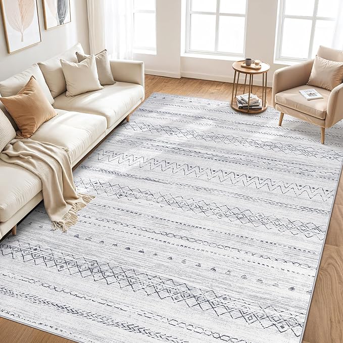 cotiled 7x9 Area Rug Living Room: Washable Boho Rugs with Non Slip Backing Large Soft Indoor Stain Resistant Carpet for Bedroom Farmhouse Dining Room Lightweight Home Decor Grey