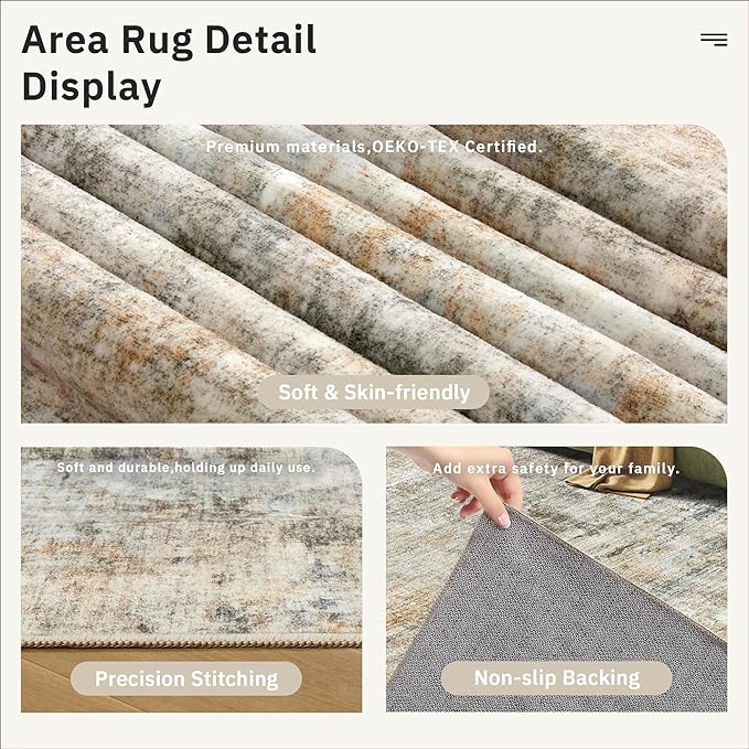 Soalmost 9x12 Area Rugs for Living Room, Non-Slip Machine Washable Vintage Rugs, Abstract Low Pile Lightweight Large Rug for Bedroom, Dining Room, Home Office Orange