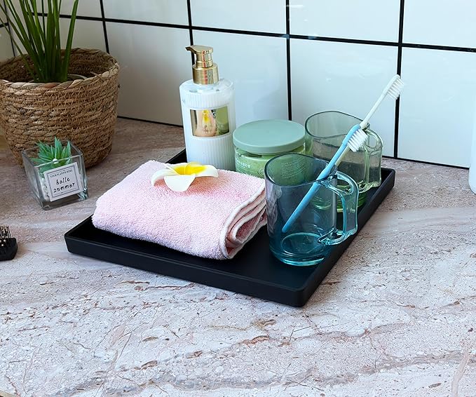 Versatile Black Square Tray - 11 Inch Organizer Decorative Tray for Bathroom Vanity, Coffee Table, Dresser & Kitchen Countertop - Black Catch-All Tray for Home Decor, Jewelry, Makeup & Snacks