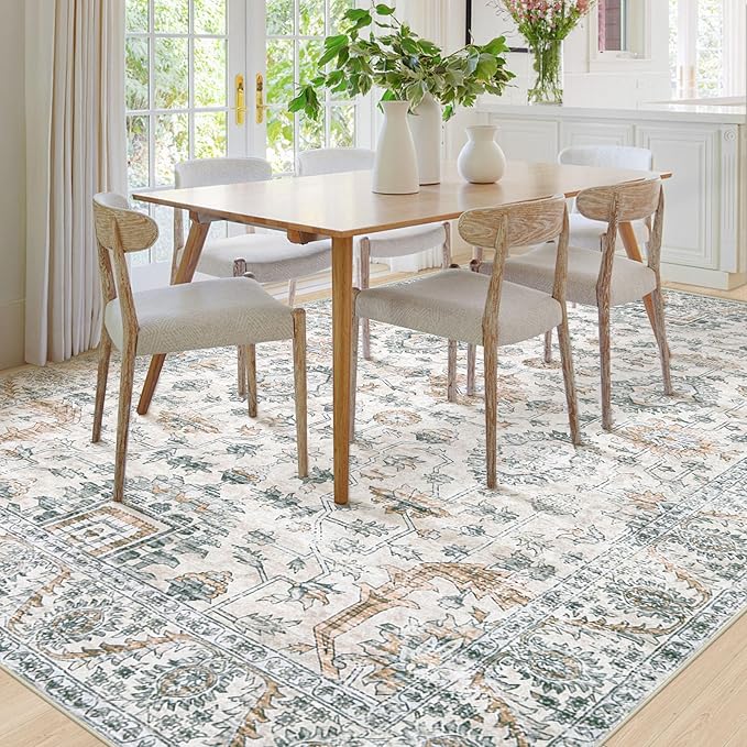 XLUEZ Area Rug 8x10 Living Room Rug, Machine Washable Vintage Distressed Boho Area Rug Non-Slip Soft Low Pile Large Indoor Rugs for Bedroom Kitchen Dining Room Office(Brown Green,8'x10')