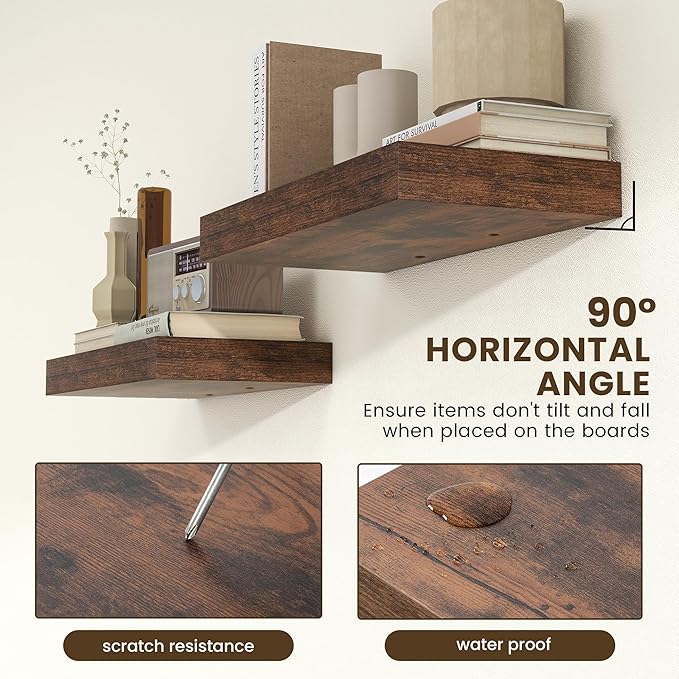 FLYJOE Deep Floating Shelves | 24 Inch Brown Floating Shelves Set of 2 | 12 Inch Deep Rustic Wood Shelves for Wall | 24" W x 12" D Brown Shelves for Living Room Bathroom Laundry Room Kitchen