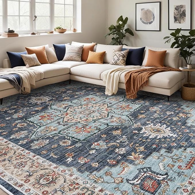 TOPRUUG Washable Oriental Area Rug - 12x18 Rugs for Living Room Soft Carpet for Bedroom Waterproof Floral Distressed Indoor Stain Resistant Non-Shedding Floor Carpets (Blue/Teal/Orange, 12x18)