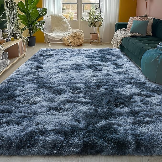 Ultra Soft Rugs for Living Room Bedroom, 5x7 Area Rugs for Living Room, Modern Shaggy Carpets Fuzzy Rug for Boys Girls Dorm Nursery Home Decor Aesthetic, Upgrade Non-Slip Durable, Tie-Dyed Blue Grey