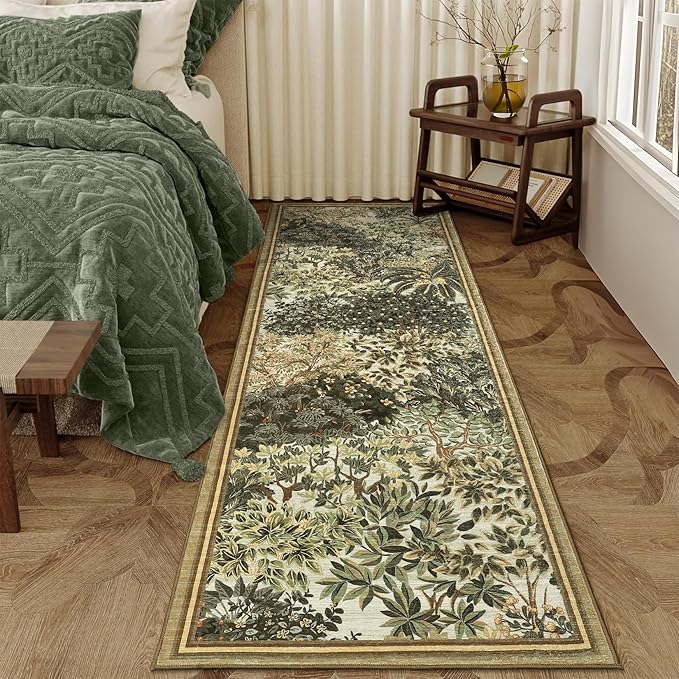 GarveeHome Forest Runner Rug, Brown Green Washable Runner Rug 2x6 for Kitchen, Botanical Low Pile Non Slip Stain Resistance Woodland Hallway Rug for Entryway Bedroom Laundry Room