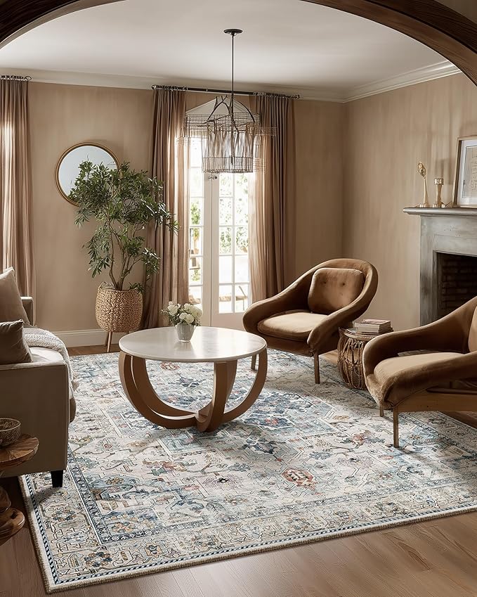 5x7 Area Rugs for Living Room: Washable Bedroom Rug Boho Vintage Rugs Stain Resistant Non Slip Low Pile Soft Lightweight Carpet for Kitchen Dining Room Farmhouse Nursery Kids Room Home Office