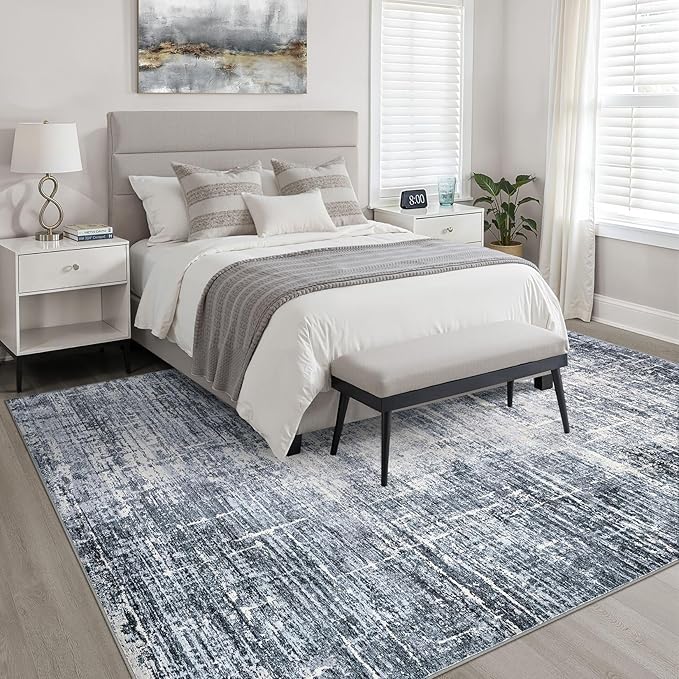 5x8 Area Rug Living Room: Washable Large Neutral Navy Rug Abstract Soft Modern Stain Resistant Indoor Floor Non-Slip Carpet for Bedroom Nursery Kids Office Playroom Dining Room Under Table Home