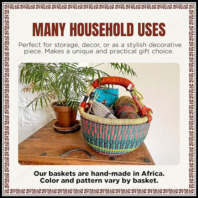 Africa Heartwood Project - Deluxe Colorful African Basket with Leather Handle - Handmade from dried Elephant Grass, Hand-Woven by Women in Bolgatanga, Ghana - Medium 14" Round Flat-packed