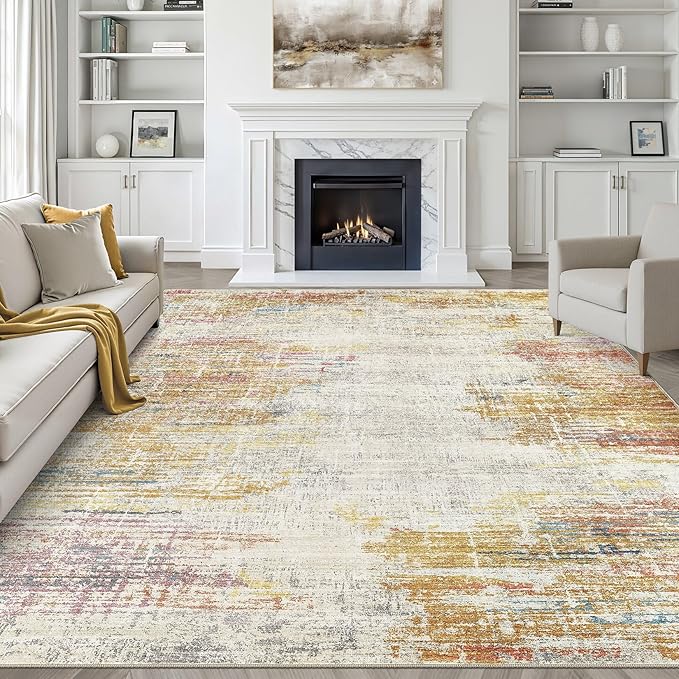 9x12 Area Rugs Living Room: Washable Large Neutral Rug Abstract Soft Modern Stain Resistant Indoor Floor Non-Slip Carpet for Bedroom Nursery Kids Classroom Playroom Dining Room Office- Gold Colorful