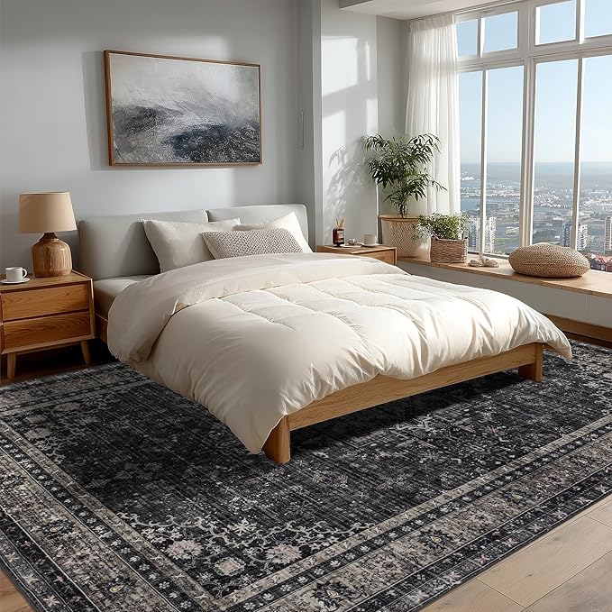 Ruaruarug Area Rug for Bedroom Living Room, Washable Non-Slip Foldable Waterproof, Soft for Office Dining Room Kids, Fluffy Easy to Clean, Decor Aesthetic Black Gray, 8'×10'