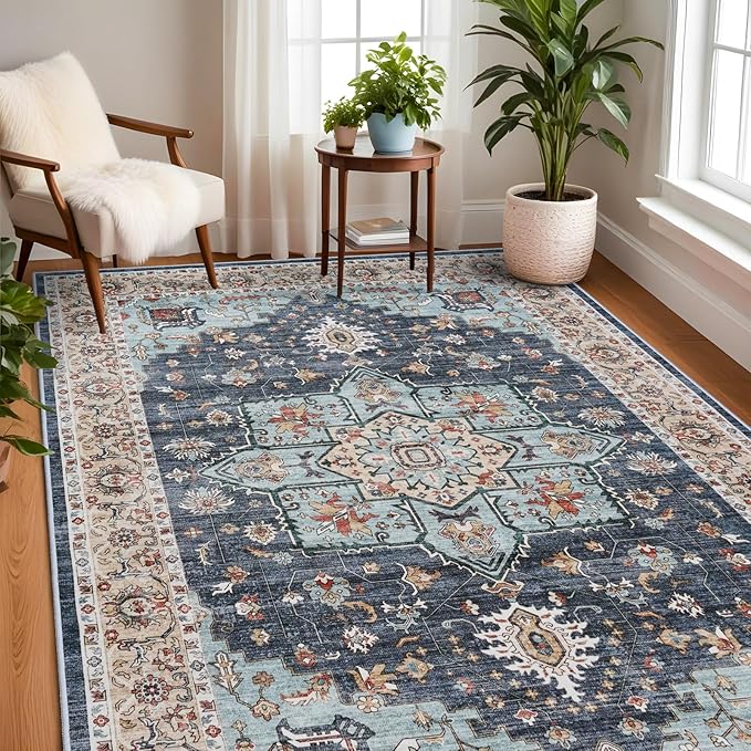 TOPRUUG Washable Oriental Area Rug - 7x9 Rugs for Living Room Soft Carpet for Bedroom Waterproof Floral Distressed Indoor Stain Resistant Non-Shedding Floor Carpets (Blue/Teal/Orange, 7x9)