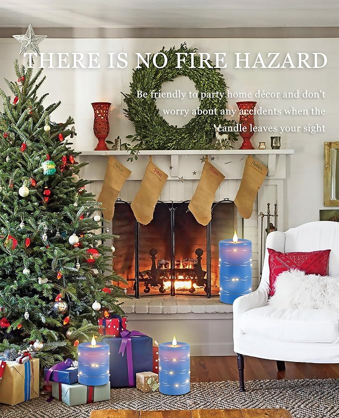Da by Flameless Candles with String Lights，Battery Operated Candles,LED Flickering Candles with Remote Control and Timer, Real Wax, 3 Pack-Blue.