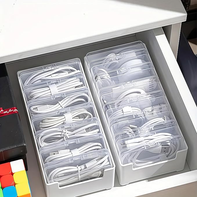 2 Pcs 11 Box Cable Organizer Storage Box, Desktop Cable Management with Switch, Power Cord Organizer for Office,Home,Desk Accessories Storage Stationery Supplies and Accessories（Clear）