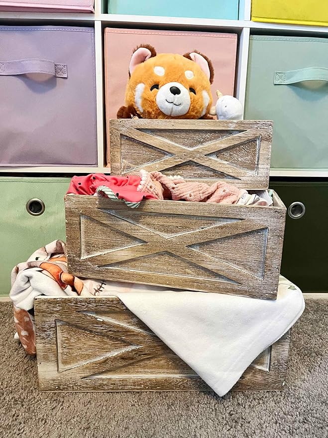 Admired By Nature Wooden Crates Storage Container, Set of 3 Farmhouse Style Decorative Baskets for Home Decor, Rustic Decor, Nesting Stackable Organizers, Distressed Wood Crates, Barn Door Light Brown