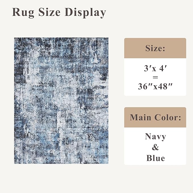 3x4 Washable Entryway Area Rug - Non-Slip Modern Small Indoor Mat for Bathroom,Living Room,Bedroom - Abstract Neutral Soft Low-Pile Throw Carpet with Rubber Backing（Blue）