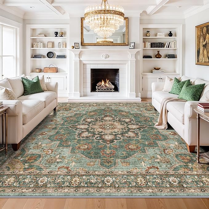 TOPRUUG Washable Oriental Area Rug - Green 11x11 Area Rugs for Living Room Bedroom Dining Room Under Kitchen Table - Non-Slip & Stain Resistance Rug for High Traffic Area (Green, 11x11)