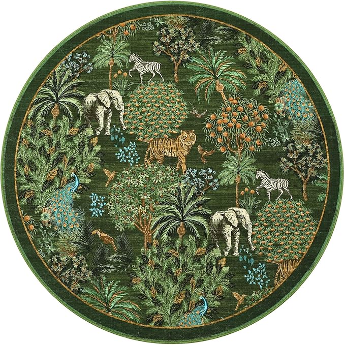 GarveeHome Jungle Round Washable Rugs 6ft Non-Slip Soft Round Rug for Kids Room, Forest Animal Print Tiger Circle Carpet for Bedroom Entryway Playroom Nursery, Dark Green
