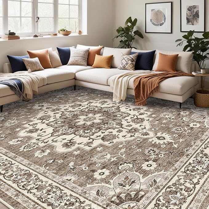TOPRUUG Washable 12x15 Area Rug - Extra Large Rugs for Living Room Soft Low Pile Carpet for Bedroom Non-Slip Stain Resistant Vintage Indoor Floor Carpets (Beige, 12x15)