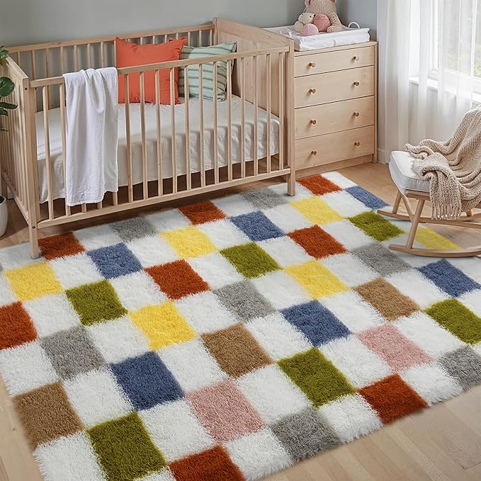 PureCozy Checkered Rug 4x6 for Living Room, Colorful Modern Shag Rug Super Soft Washable Fluffy Rugs Indoor Fuzzy Carpet for Bedroom Home Dorm Aesthetic Decor