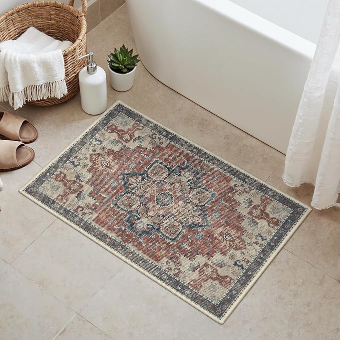 GENIMO Area Rug 2x3 Doormat, Machine Washable Low Pile Rugs, Small Retro Chenille Entryway Mat for Entrance, Hallway, Kitchen and Corridor, Bordeaux