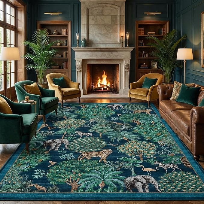 GarveeHome Jungle 8x10 Area Rug Washable Rugs for Living Room, Forest Rug Non Slip Low Pile Soft Indoor Stain Resistance Animal Print Carpet for Bedroom Dining Room Playroom Nursery, Blue