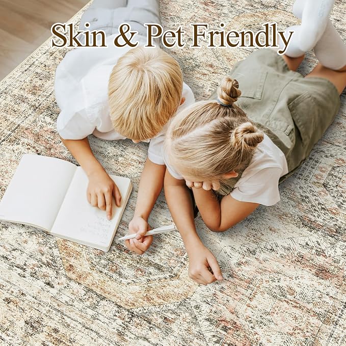 Soalmost Washable Area Rug 8x10, Large Soft Rugs for Living Room Vintage 8x10 Area Rugs for Bedroom Dining Room Non-Slip Stain Resistant Under Table Brown Pink Rug