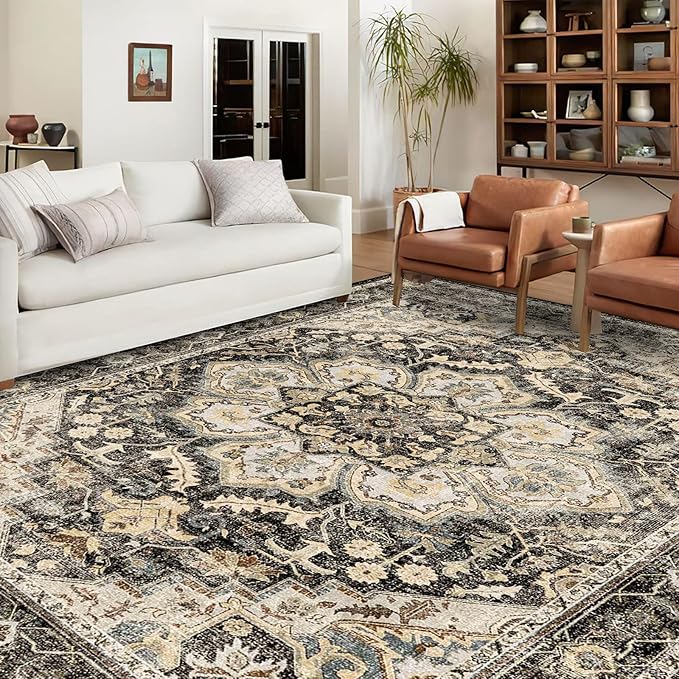 TOPRUUG Washable Oriental Area Rug - 9x12 Rugs for Living Room Soft Carpet for Bedroom Waterproof Floral Distressed Indoor Stain Resistant Non-Shedding Floor Carpets (Black/Grey, 9x12)