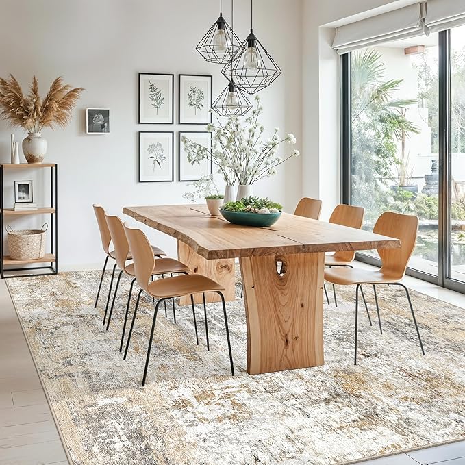 10x10 ft Square Living Room Rug – Washable Modern Abstract Area Rug for Bedroom, Dining Room, Playroom – Neutral Non-Slip Low-Pile Thin Indoor Carpet (Gold Grey)