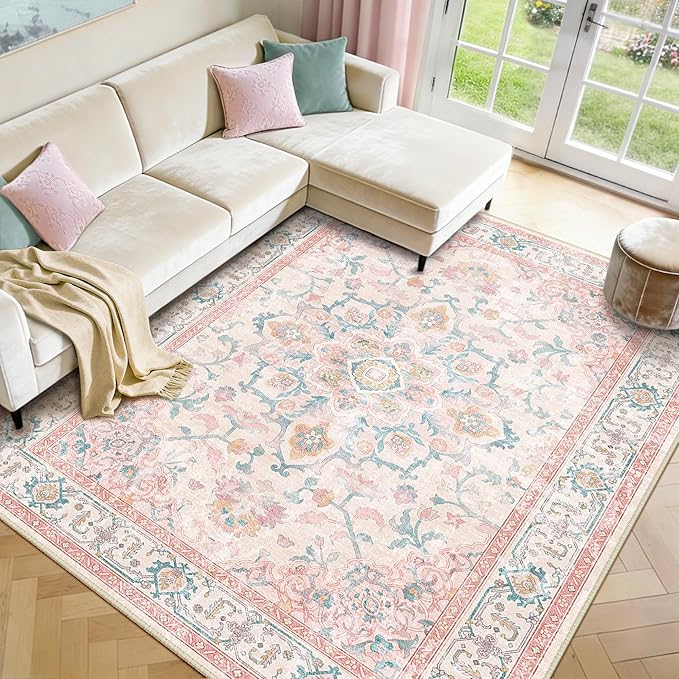 CAPALOCA Machine Washable Rugs Nursery Rug 7x9 Cute Girl Non Slip Low Pile Water Repellent Soft Print Pattern for Bedroom Indoor Decor Kids Playroom Pink Teal